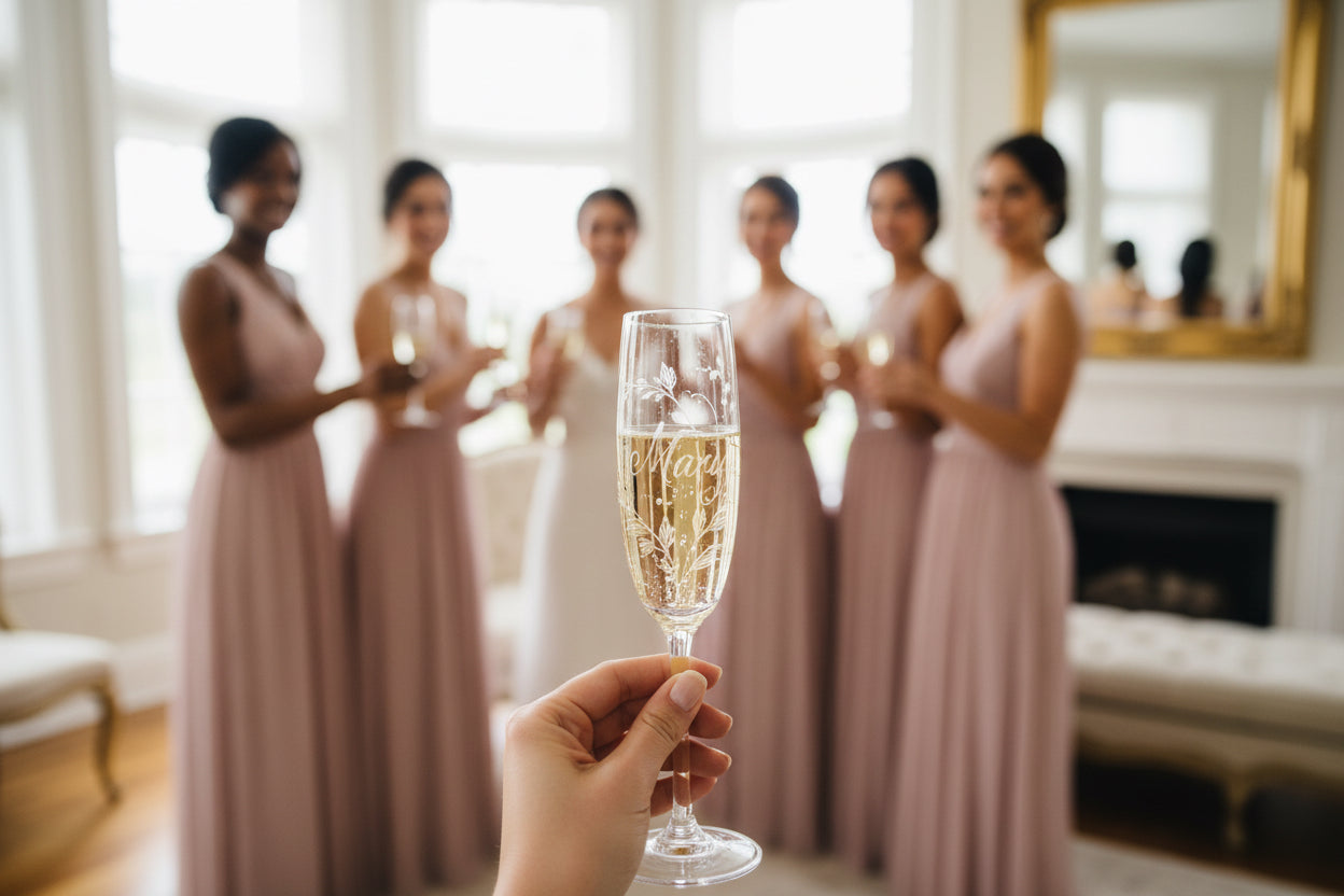 Bridesmaids Personalized Champagne Glasses (Flowers)