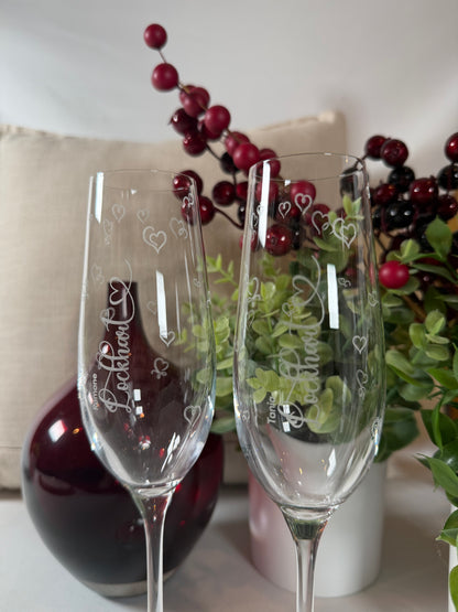 Bridesmaids Personalized Champagne Glasses (Hearts)
